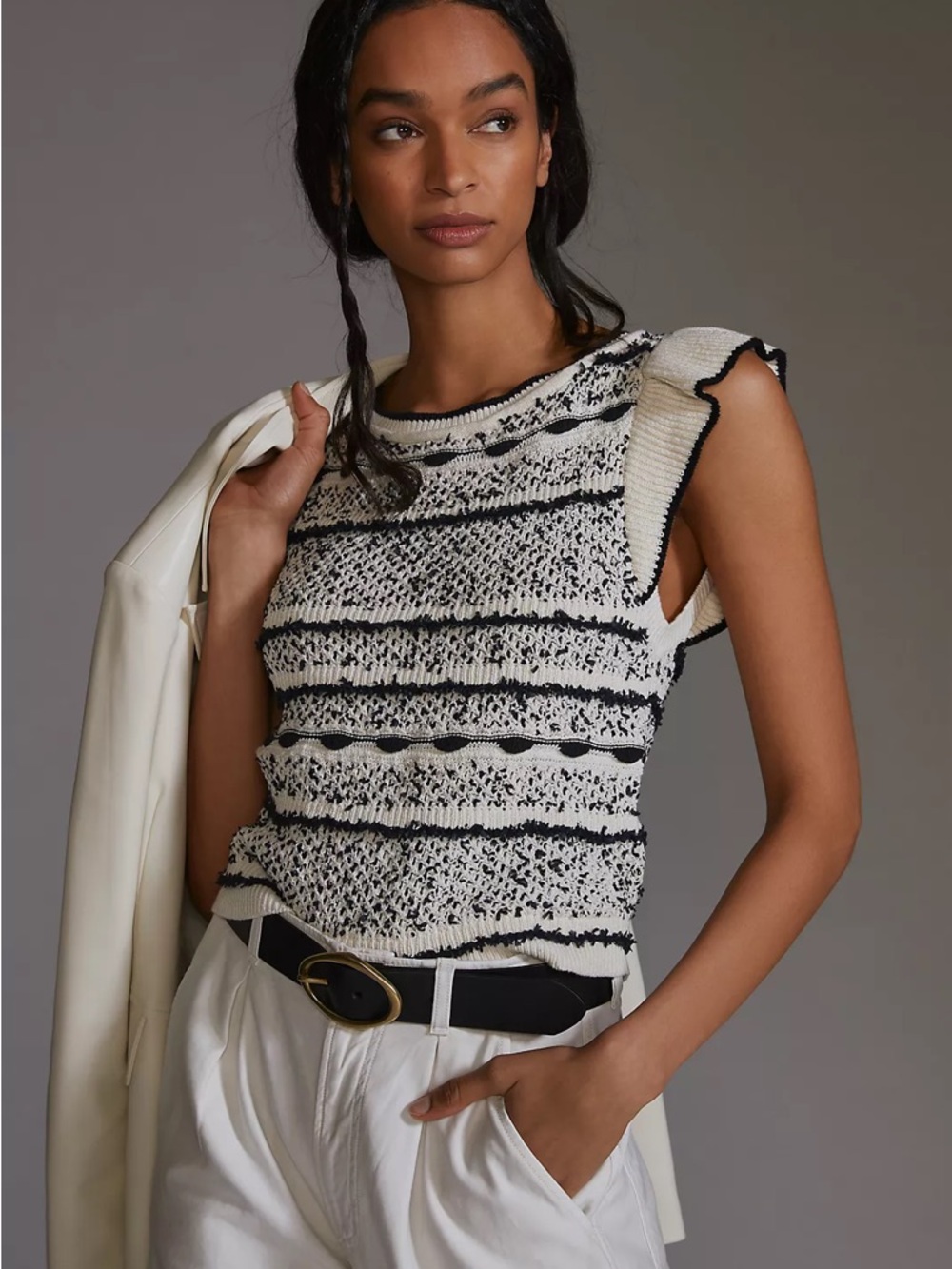 Anthropologie Cream and Black Knit Sleeveless Top